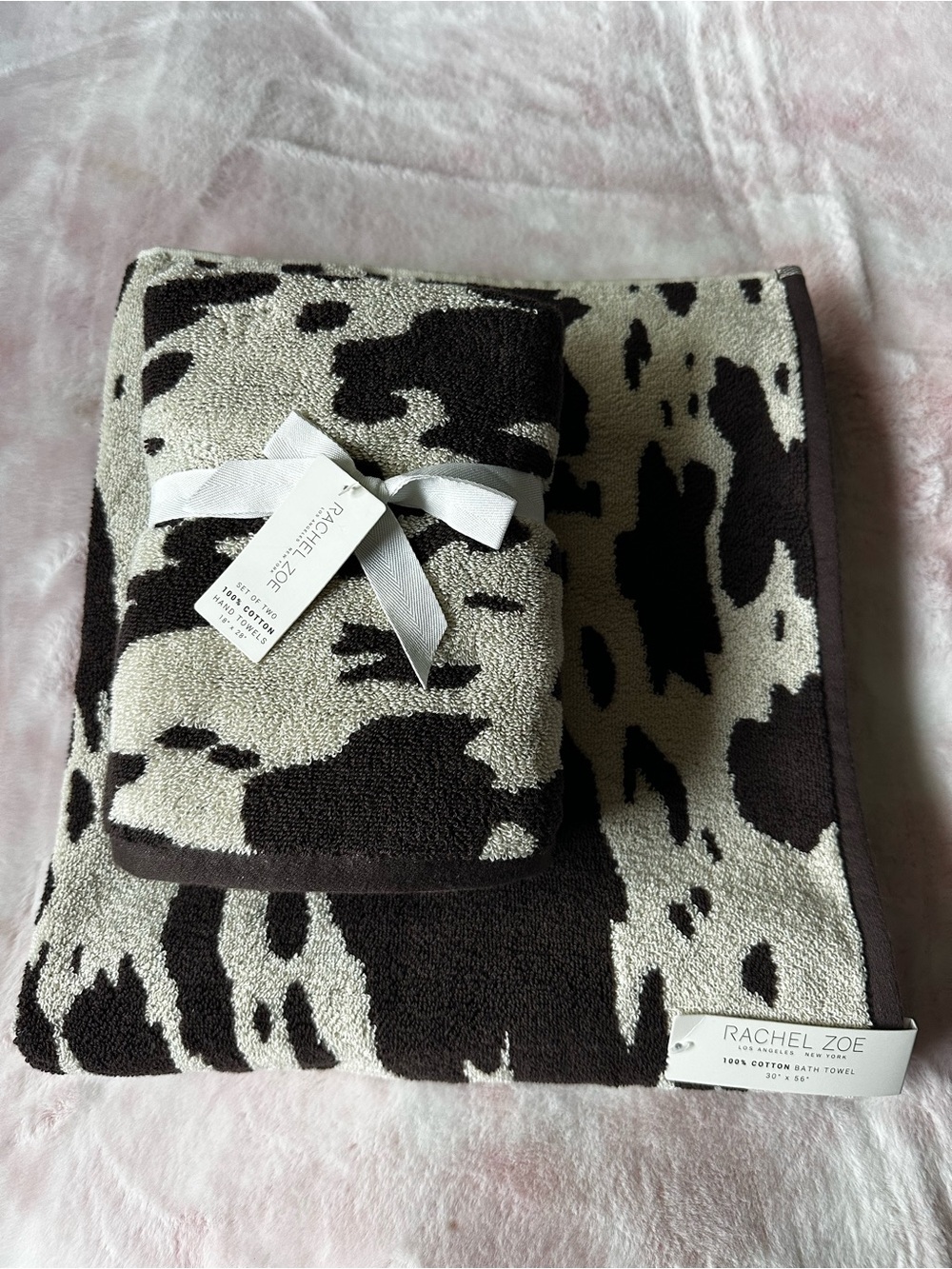 Cow Print 3-Piece Towel Set - Rachel Zoe NWT - 1 Bath, 2 Hand Towels